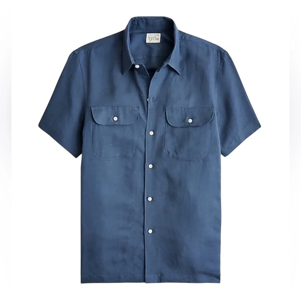 J. Crew Mens Short Sleeve Slub Linen Blend Casual Button Down Shirt NWT S Blue